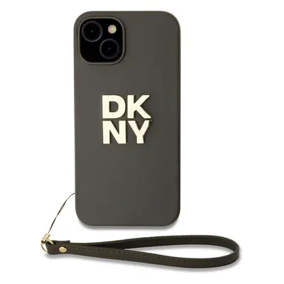 DKNY PU Leather Stack Logo Wrist Strap kryt iPhone 14 hnědý