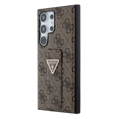 Guess PU Grip Stand 4G Strass Triangle Metal Logo kryt Samsung Galaxy S24 Ultra hnědý