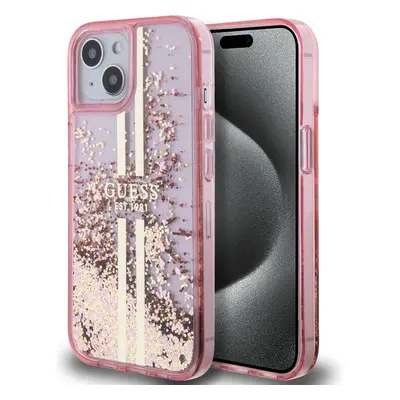 Guess PC/TPU Liquid Glitter Gold Stripe kryt iPhone 15 růžový