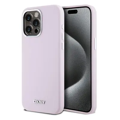 DKNY Liquid Silicone Silver Metal Logo Magsafe kryt iPhone 15 Pro Max růžový