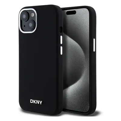 DKNY Liquid Silicone Silver Metal Logo Magsafe kryt iPhone 15 černý