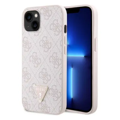 Guess PU 4G Strass Triangle Metal Logo kryt iPhone 15 růžový