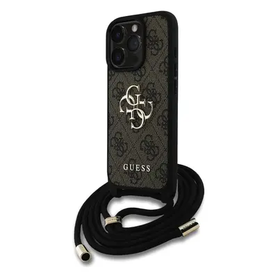 Guess PU 4G Metal Logo Crossbody popruh kryt iPhone 16 Pro Max hnědý