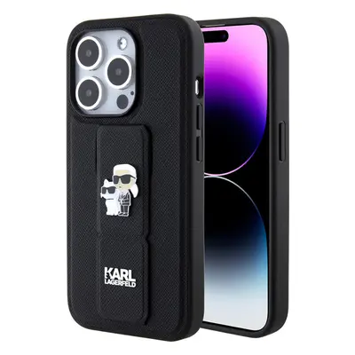 Karl Lagerfeld Saffiano Grip Stand Metal Logo kryt iPhone 15 Pro Max černý