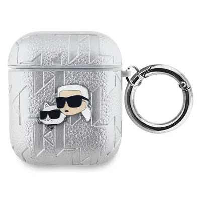 Karl Lagerfeld PU Embossed Karl and Choupette Heads pouzdro AirPods 1/2 stříbrné