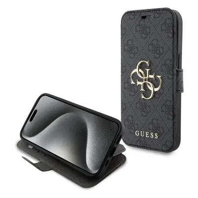 Guess PU 4G Metal Logo Book pouzdro iPhone 15 šedé