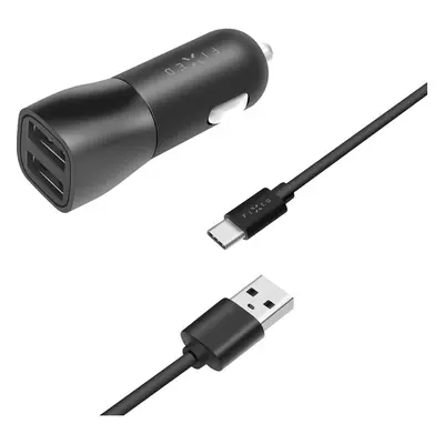 FIXED autonabíječka s 2x USB-A a kabelem USB-C 15 W černá