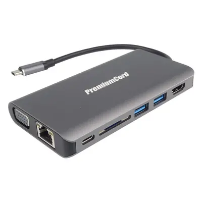 PremiumCord Převodník USB3.1 typ C na HDMI+VGA+RJ45+2xUSB3.0+SD card +3,5mm+PD nabíjení ku31dock