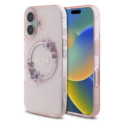 Guess IML Flowers Ring MagSafe kryt iPhone 16 růžový