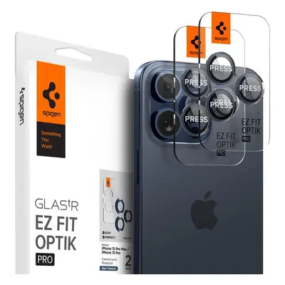 Spigen Glass tR EZ Fit Optik Pro 2 Pack sada skel iPhone 15 Pro/15 Pro Max modrý titan