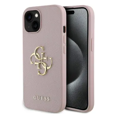 Guess PU Grained 4G Metal Logo kryt iPhone 15 růžový