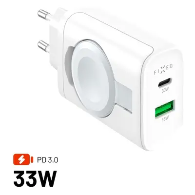 FIXED Power Socket GaN nabíječka USB-A/USB-C a nabíječkou pro Apple Watch bílá