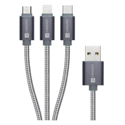 CONNECT IT Wirez 3in1 USB-C & Micro USB & Lightning, silver gray, 1,2 m