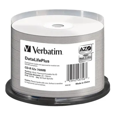 VERBATIM CD-R(50 ks) spindl, AZO 52X,700MB,bílý WIDE THERMAL PRINTABLE SURFACE NON-ID