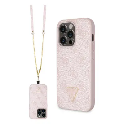 Guess PU 4G Strass Triangle Metal Logo Kryt + Crossbody Popruh iPhone 15 Pro růžový