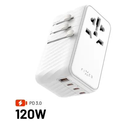 FIXED Voyager (120W) cestovní adaptér EU/UK/USA/AUS, 3xUSB-C a 1xUSB, GaN, PD, bílý