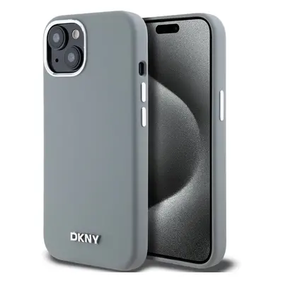 DKNY Liquid Silicone Silver Metal Logo Magsafe kryt iPhone 15 šedý