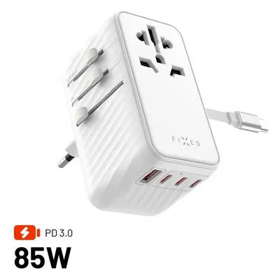 FIXED Voyager (85W) cestovní adaptér EU/UK/USA/AUS, 4xUSB-C a 1xUSB, GaN, PD, bílý