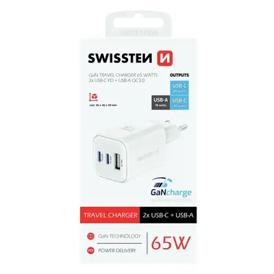 Swissten síťový adaptér GaN 2x USB-C 65W PD + 1x USB-A 18W QC bílý