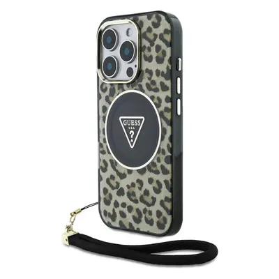 Guess IML Leopard Triangle Logo Strap MagSafe kryt iPhone 16 Pro hnědý