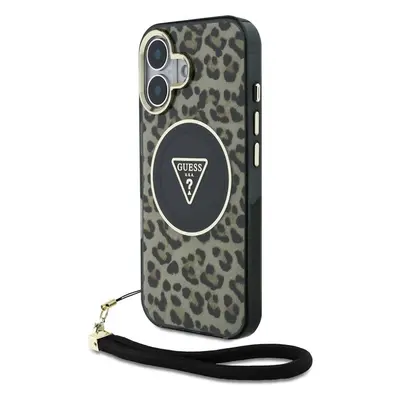 Guess IML Leopard Triangle Logo Strap MagSafe kryt iPhone 16 hnědý