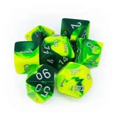 Chessex sada 7 vícestěnných kostek - Zeleno-žlutá se stříbrnými čísly