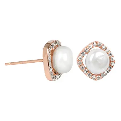 JwL Luxury Pearls Stříbrné rosegold náušnice s pravou bílou perlou a krystaly JL0252