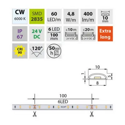 LED pásek McLED 24V studená bílá CRI90 š=10mm IP67 4,8W/m 60LED/m SMD2835 ML-126.001.90.2