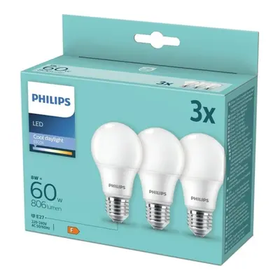 LED žárovky E27 Philips A60 8W (60W) studená bílá (6500K) 3ks