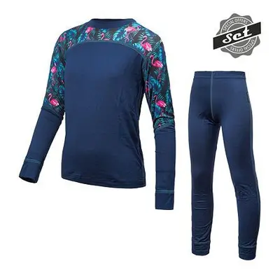 SENSOR MERINO IMPRESS SET dětský triko dl.rukáv + spodky deep blue/floral