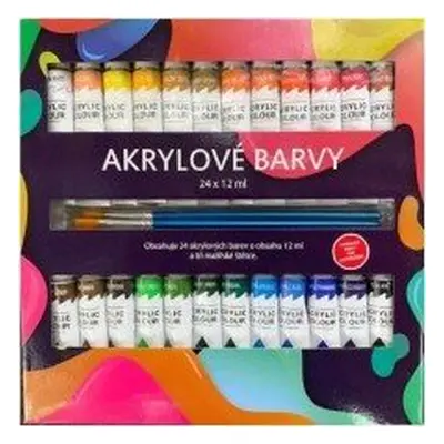 Akrylové barvy 24x12ml se štětcemi 3ks i na keramiku,sklo,kameny v krabičce 22x22x2cm