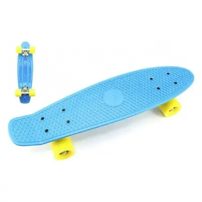 Skateboard - pennyboard 60cm nosnost 90kg, kovové osy, modrá barva, žlutá kola