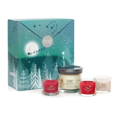 YANKEE CANDLE dárková sada malý tumbler ve vůni Twinkling Lights 1 ks a 3 skleněné votivní svíčk