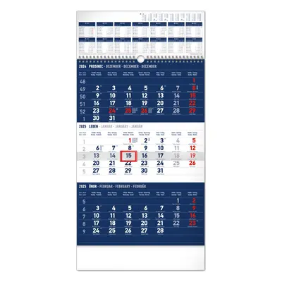 Kalendář 2025 nástěnný: 3měsíční standard modrý - s ročním přehledem, 29,5 × 43 cm