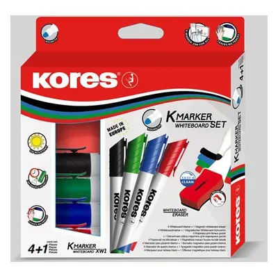 Kores K-MARKER SET 4 ks popisovače na bílé tabule a flipcharty kulatý hrot + stírací magnetická 