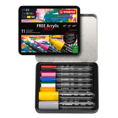 Akrylový popisovač STABILO FREE Acrylic - startovací sada 11 ks se 3 různými hroty - mix barev