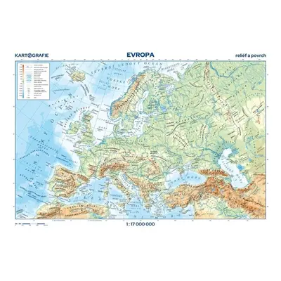 Evropa - reliéf a povrch 1:17 000 000 nástěnná mapa