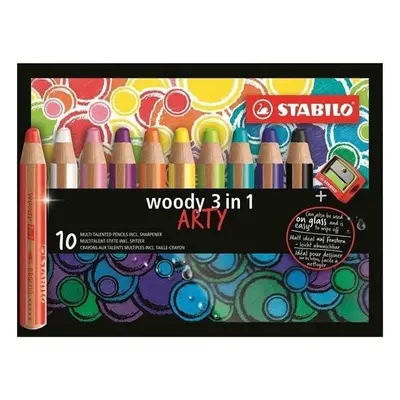 Pastelky STABILO Woody 3in1, sada 10 ks v pouzdru s ořezávátkem "ARTY"