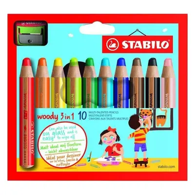 Pastelky STABILO Woody 3in1, sada 10 ks v pouzdru s ořezávátkem