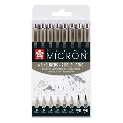 Sakura sada Pigma Micron Fineliners - 6 šedých technických popisovačů, 2 pěnové štětce