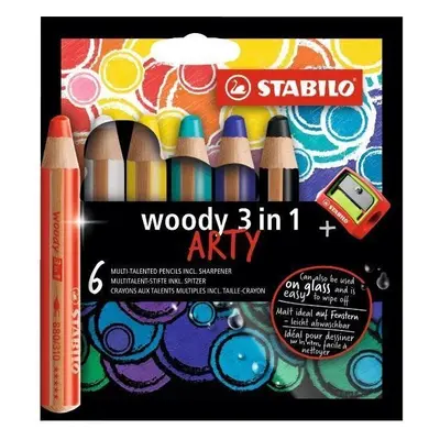 Pastelky STABILO Woody 3in1, sada 6 ks v pouzdru s ořezávátkem "ARTY"