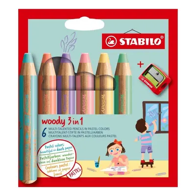 Pastelky STABILO Woody 3in1, sada 6 ks v pouzdru s ořezávátkem