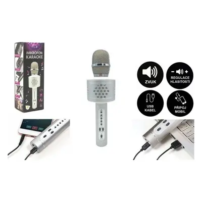 Mikrofon karaoke Bluetooth stříbrný na baterie s USB kabelem v krabici 10x28x8,5cm