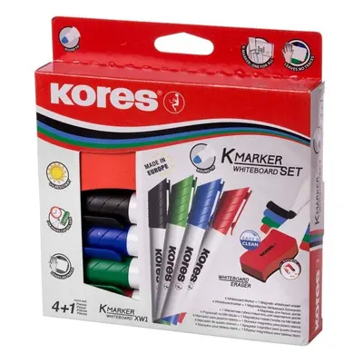 Kores K-MARKER SET 4 ks popisovače na bílé tabule a flipcharty kulatý hrot + stírací magnetická 