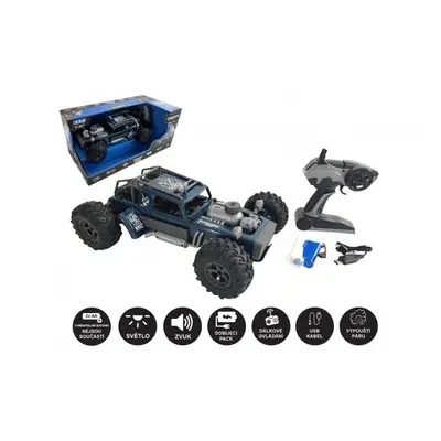 Auto RC buggy vypouštějící páru plast 38cm modré 2,4GHz na bat. + dobíjecí pack v krabici 55x26x