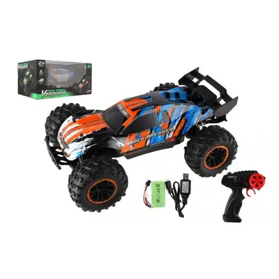 Auto RC Buggy rychlostní 2,4GHz plast 40cm dobíjecí pack+baterie oranžové-modré v krabici 42x21x