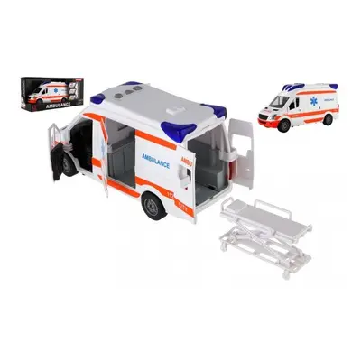 Auto ambulance plast 26cm s lehátkem na setrvačník se světlem se zvukem v krabici 37x18x11,5cm