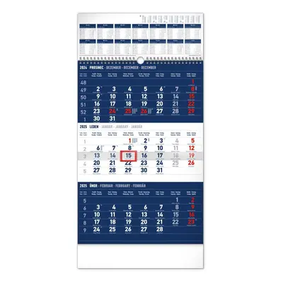 Kalendář 2025 nástěnný: 3měsíční standard modrý - s ročním přehledem, 29,5 × 43 cm