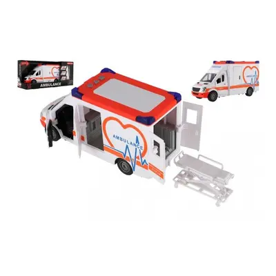 Auto ambulance plast 28cm s lehátkem na setrvačník se světlem se zvukem v krabici 39x18x12cm