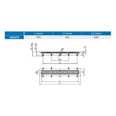 Žlab podlahový lineární 750 mm, D 40 mm, boční, medium mat, černý, ENPRO